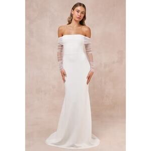 Lulus “Beautifully Beloved” White Mesh Off-the-Shoulder Maxi Dress – Medium NWT